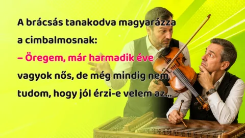 A brácsás tanakodva magyarázza a cimbalmosnak: – Öregem, már harmadik éve vagyok nős, de még mindig nem tudom, hogy jól érzi-e velem az...