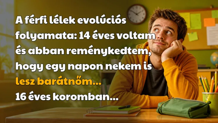 Vicc: A férfi lélek evolúciós folyamata... A férfi lélek evolúciós folyamata: 14 éves voltam és abban reménykedtem, hogy egy napon nekem is lesz barátnőm... 16 éves koromban...