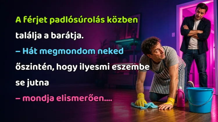 Vicc: A férjet padlósúrolás közben találja a barátja... A férjet padlósúrolás közben találja a barátja. – Hát megmondom neked őszintén, hogy ilyesmi eszembe se jutna – mondja elismerően....