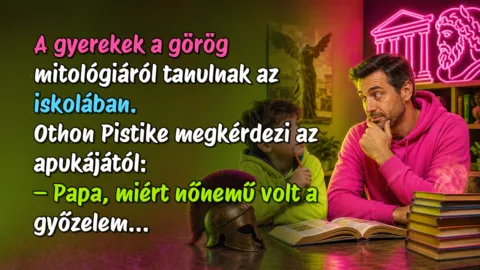 A gyerekek a görög mitológiáról tanulnak az iskolában. Othon Pistike megkérdezi az apukájától: – Papa, miért nőnemű volt a győzelem...