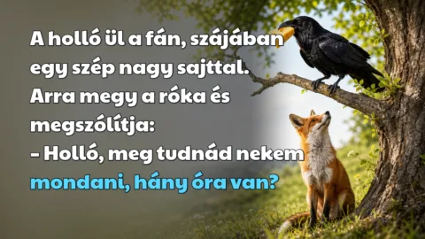 Vicc: A holló ül a fán, szájában egy szép nagy sajttal. Arra megy a róka... A holló ül a fán, szájában egy szép nagy sajttal. Arra megy a róka és megszólítja: – Holló, meg tudnád nekem mondani, hány óra van?