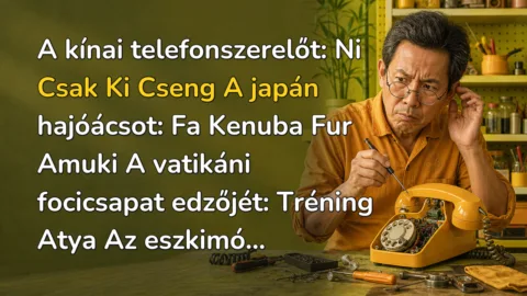 A kínai telefonszerelőt: Ni Csak Ki Cseng A japán hajóácsot: Fa Kenuba Fur Amuki A vatikáni focicsapat edzőjét: Tréning Atya Az eszkimó...