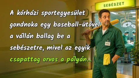 A kórházi sportegyesület gondnoka egy baseball-ütővel a vállán ballag be a sebészetre, mivel az egyik csapattag orvos a pályán...