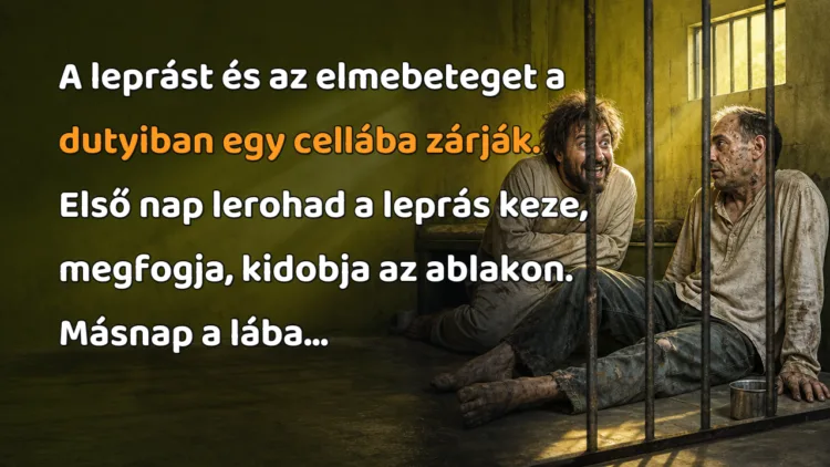 Vicc: A leprást és az elmebeteget a dutyiban egy cellába zárják... A leprást és az elmebeteget a dutyiban egy cellába zárják. Első nap lerohad a leprás keze, megfogja, kidobja az ablakon. Másnap a lába...
