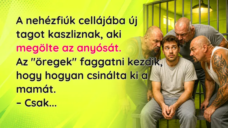 Vicc: A nehézfiúk cellájába új tagot kaszliznak, aki megölte az anyósát... A nehézfiúk cellájába új tagot kaszliznak, aki megölte az anyósát. Az "öregek" faggatni kezdik, hogy hogyan csinálta ki a mamát. – Csak...