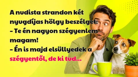 Vicc: A nudista strandon két nyugdíjas hölgy beszélget... A nudista strandon két nyugdíjas hölgy beszélget: – Te én nagyon szégyenlem magam! – Én is majd elsüllyedek a szégyentől, de ki tud...
