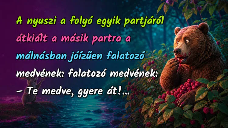 Vicc: A nyuszi a folyó egyik partjáról átkiált a másik partra a málnásban... A nyuszi a folyó egyik partjáról átkiált a másik partra a málnásban jóízűen falatozó medvének: falatozó medvének: – Te medve, gyere át!...