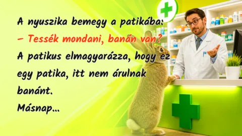 A nyuszika bemegy a patikába: – Tessék mondani, banán van? A patikus elmagyarázza, hogy ez egy patika, itt nem árulnak banánt. Másnap...