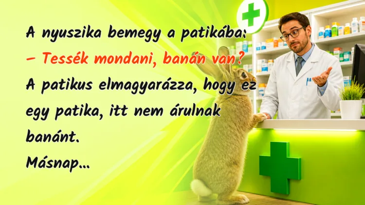 Vicc: A nyuszika bemegy a patikába... A nyuszika bemegy a patikába: – Tessék mondani, banán van? A patikus elmagyarázza, hogy ez egy patika, itt nem árulnak banánt. Másnap...