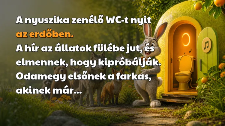 Vicc: A nyuszika zenélő WC-t nyit az erdőben. A hír az állatok fülébe jut... A nyuszika zenélő WC-t nyit az erdőben. A hír az állatok fülébe jut, és elmennek, hogy kipróbálják. Odamegy elsőnek a farkas, akinek már...