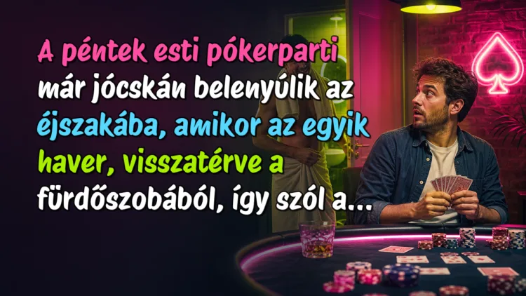 Vicc: A péntek esti pókerparti már jócskán belenyúlik az éjszakába... A péntek esti pókerparti már jócskán belenyúlik az éjszakába, amikor az egyik haver, visszatérve a fürdőszobából, így szól a...