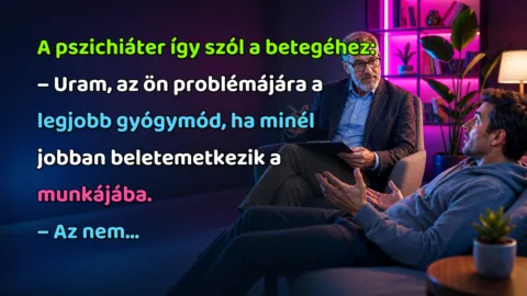 A pszichiáter így szól a betegéhez: – Uram, az ön problémájára a legjobb gyógymód, ha minél jobban beletemetkezik a munkájába. – Az nem...