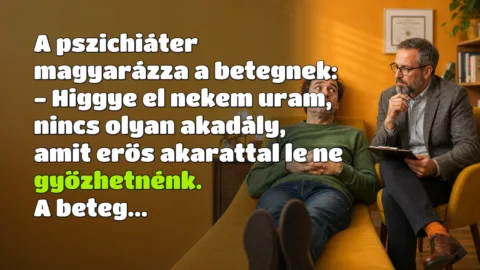 A pszichiáter magyarázza a betegnek: − Higgye el nekem uram, nincs olyan akadály, amit erős akarattal le ne győzhetnénk. A beteg...