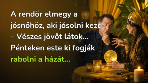 A rendőr elmegy a jósnőhöz, aki jósolni kezd: – Vészes jövőt látok... Pénteken este ki fogják rabolni a házát...