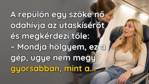 A repülőn egy szőke nő odahívja az utaskísérőt és megkérdezi tőle: – Mondja hölgyem, ez a gép, ugye nem megy gyorsabban, mint a...