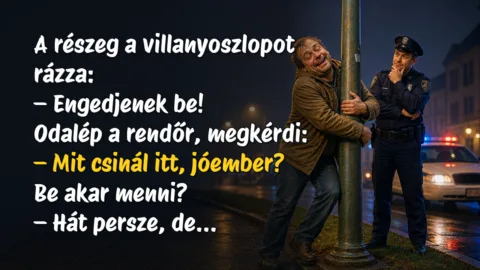 A részeg a villanyoszlopot rázza: – Engedjenek be! Odalép a rendőr, megkérdi: – Mit csinál itt, jóember? Be akar menni? – Hát persze, de...
