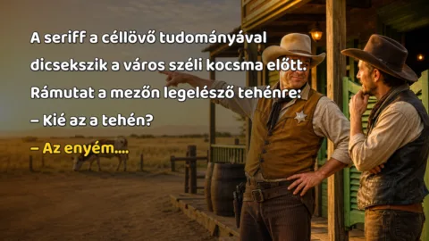 A seriff a céllövő tudományával dicsekszik a város széli kocsma előtt. Rámutat a mezőn legelésző tehénre: – Kié az a tehén? – Az enyém....