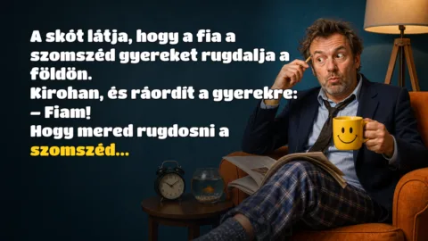 A skót látja, hogy a fia a szomszéd gyereket rugdalja a földön. Kirohan, és ráordít a gyerekre: – Fiam! Hogy mered rugdosni a szomszéd...