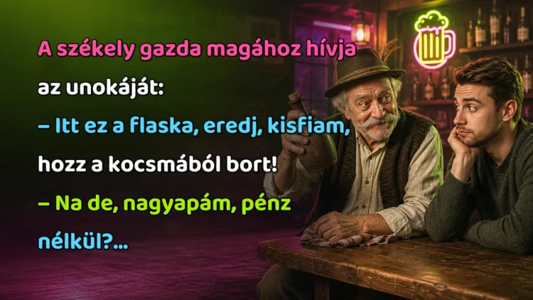 Vicc: A székely gazda magához hívja az unokáját... A székely gazda magához hívja az unokáját: – Itt ez a flaska, eredj, kisfiam, hozz a kocsmából bort! – Na de, nagyapám, pénz nélkül?...
