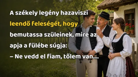 Vicc: A székely legény hazaviszi leendő feleségét, hogy bemutassa szüleinek... A székely legény hazaviszi leendő feleségét, hogy bemutassa szüleinek, mire az apja a fülébe súgja: – Ne vedd el fiam, tőlem van....