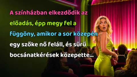 A színházban elkezdődik az előadás, épp megy fel a függöny, amikor a sor közepén egy szőke nő feláll, és sűrű bocsánatkérések közepette...