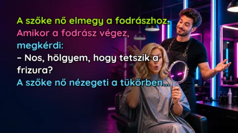 A szőke nő elmegy a fodrászhoz. Amikor a fodrász végez, megkérdi: – Nos, hölgyem, hogy tetszik a frizura? A szőke nő nézegeti a tükörben...