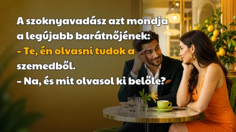 Vicc: A szoknyavadász azt mondja a legújabb barátnőjének... A szoknyavadász azt mondja a legújabb barátnőjének: – Te, én olvasni tudok a szemedből. – Na, és mit olvasol ki belőle?