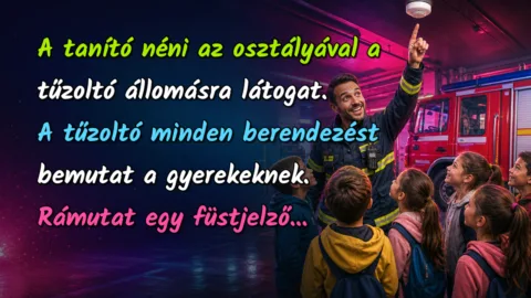 A tanító néni az osztályával a tűzoltó állomásra látogat. A tűzoltó minden berendezést bemutat a gyerekeknek. Rámutat egy füstjelző...