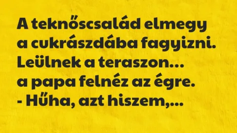 Vicc: A teknőscsalád elmegy a cukrászdába fagyizni. Leülnek a teraszon… Vicc: A teknőscsalád elmegy a cukrászdába fagyizni. Leülnek a teraszon…