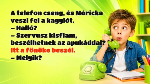 A telefon cseng, és Móricka veszi fel a kagylót. – Halló? – Szervusz kisfiam, beszélhetnek az apukáddal? Itt a főnöke beszél. – Melyik?