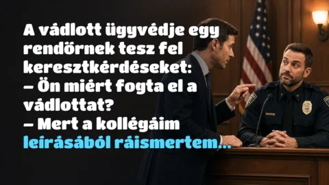 A vádlott ügyvédje egy rendőrnek tesz fel keresztkérdéseket: – Ön miért fogta el a vádlottat? – Mert a kollégáim leírásából ráismertem...