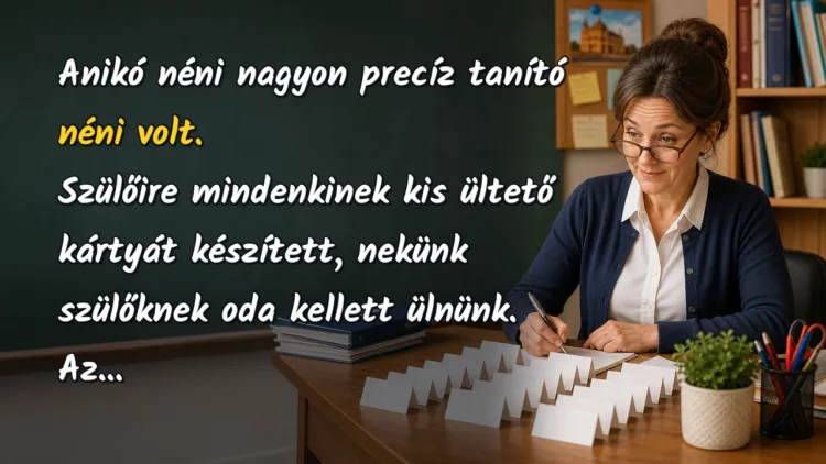 Vicc: Anikó néni nagyon precíz tanító néni volt. Szülőire mindenkinek kis... Anikó néni nagyon precíz tanító néni volt. Szülőire mindenkinek kis ültető kártyát készített, nekünk szülőknek oda kellett ülnünk. Az...