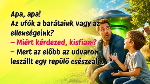 Apa, apa! Az ufók a barátaink vagy az ellenségeink? – Miért kérdezed, kisfiam? – Mert az előbb az udvaron leszállt egy repülő csészealj...