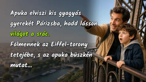 Apuka elviszi kis gyagyás gyerekét Párizsba, hadd lásson világot a srác. Fölmennek az Eiffel-torony tetejébe, s az apuka büszkén mutat...