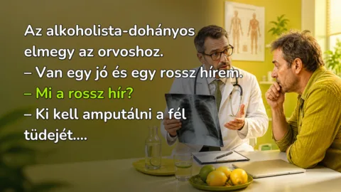 Az alkoholista-dohányos elmegy az orvoshoz. – Van egy jó és egy rossz hírem. – Mi a rossz hír? – Ki kell amputálni a fél tüdejét....