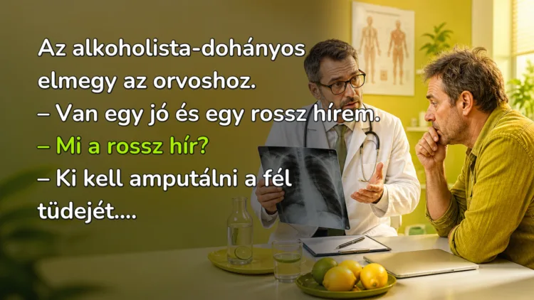 Vicc: Az alkoholista-dohányos elmegy az orvoshoz... Az alkoholista-dohányos elmegy az orvoshoz. – Van egy jó és egy rossz hírem. – Mi a rossz hír? – Ki kell amputálni a fél tüdejét....