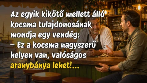 Az egyik kikötő mellett álló kocsma tulajdonosának mondja egy vendég: – Ez a kocsma nagyszerű helyen van, valóságos aranybánya lehet!...
