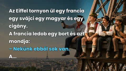Az Eiffel tornyon ül egy francia egy svájci egy magyar és egy cigány. A francia ledob egy bort és azt mondja: – Nekünk ebből sok van. A...