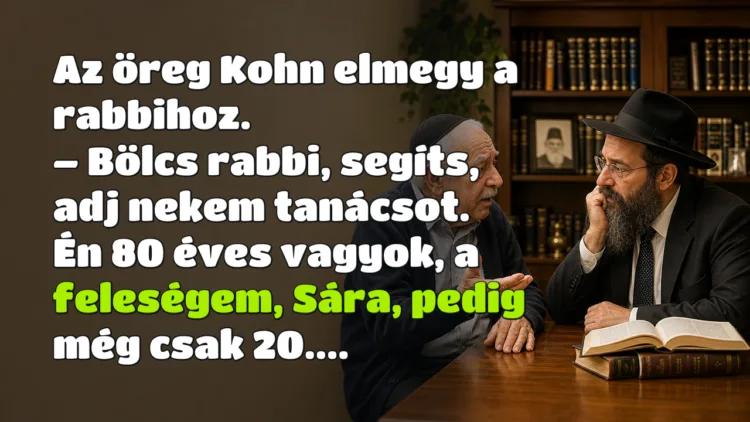 Vicc: Az öreg Kohn elmegy a rabbihoz... Az öreg Kohn elmegy a rabbihoz. – Bölcs rabbi, segíts, adj nekem tanácsot. Én 80 éves vagyok, a feleségem, Sára, pedig még csak 20....