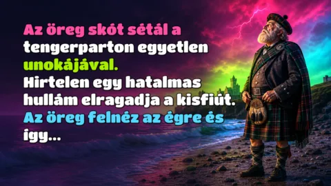 Az öreg skót sétál a tengerparton egyetlen unokájával. Hirtelen egy hatalmas hullám elragadja a kisfiút. Az öreg felnéz az égre és így...
