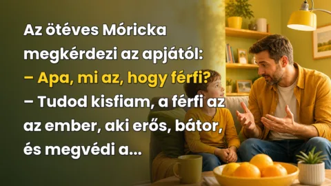 Az ötéves Móricka megkérdezi az apjától: – Apa, mi az, hogy férfi? – Tudod kisfiam, a férfi az az ember, aki erős, bátor, és megvédi a...