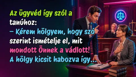 Az ügyvéd így szól a tanúhoz: – Kérem hölgyem, hogy szó szerint ismételje el, mit mondott Önnek a vádlott! A hölgy kicsit habozva így...