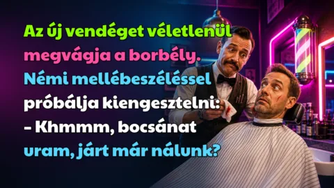 Az új vendéget véletlenül megvágja a borbély. Némi mellébeszéléssel próbálja kiengesztelni: – Khmmm, bocsánat uram, járt már nálunk?