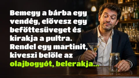 Bemegy a bárba egy vendég, elővesz egy befőttesüveget és kirakja a pultra. Rendel egy martinit, kiveszi belőle az olajbogyót, belerakja...