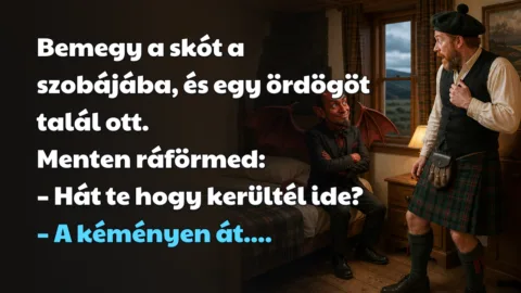 Bemegy a skót a szobájába, és egy ördögöt talál ott. Menten ráförmed: – Hát te hogy kerültél ide? – A kéményen át....