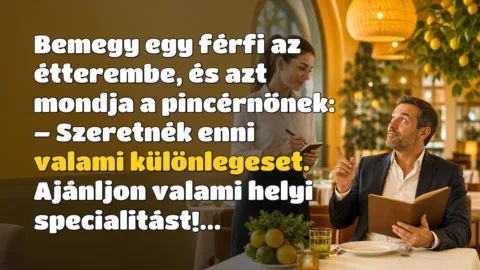 Bemegy egy férfi az étterembe, és azt mondja a pincérnőnek: – Szeretnék enni valami különlegeset. Ajánljon valami helyi specialitást!...