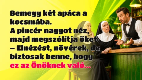 Bemegy két apáca a kocsmába. A pincér nagyot néz, majd megszólítja őket: – Elnézést, nővérek, de biztosak benne, hogy ez az Önöknek való...