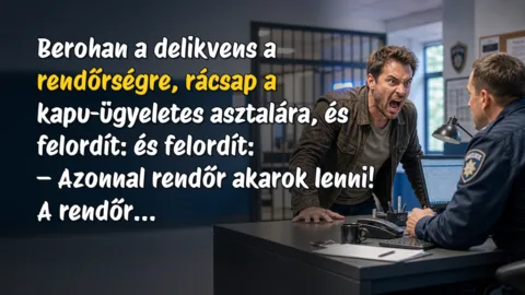 Berohan a delikvens a rendőrségre, rácsap a kapu-ügyeletes asztalára, és felordít: és felordít: – Azonnal rendőr akarok lenni! A rendőr...