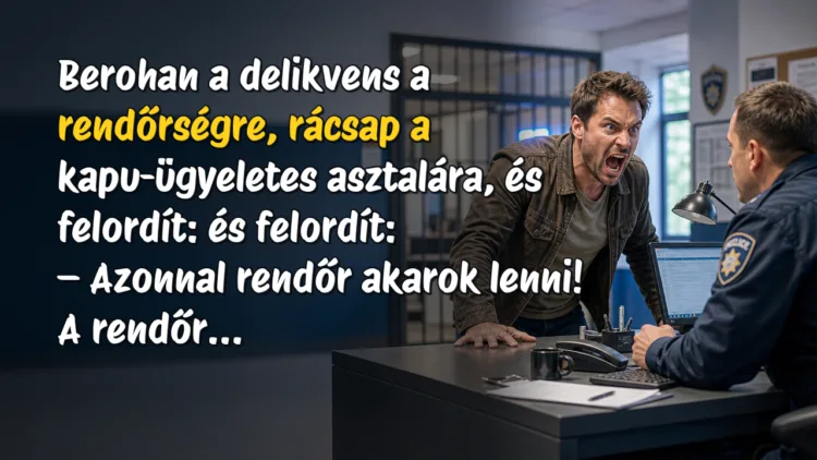 Vicc: Berohan a delikvens a rendőrségre, rácsap a kapu-ügyeletes asztalára... Berohan a delikvens a rendőrségre, rácsap a kapu-ügyeletes asztalára, és felordít: és felordít: – Azonnal rendőr akarok lenni! A rendőr...