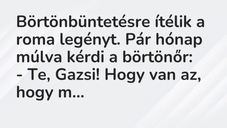 Vicc: Börtönbüntetésre ítélik a roma legényt. Pár hónap múlva kérdi… Vicc: Börtönbüntetésre ítélik a roma legényt. Pár hónap múlva kérdi…